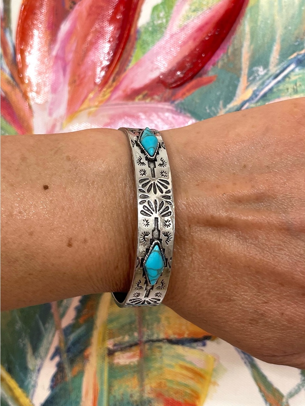 Stamped Silver-Tone Cuff Bracelet with Turquoise Accents - Women Jewelry